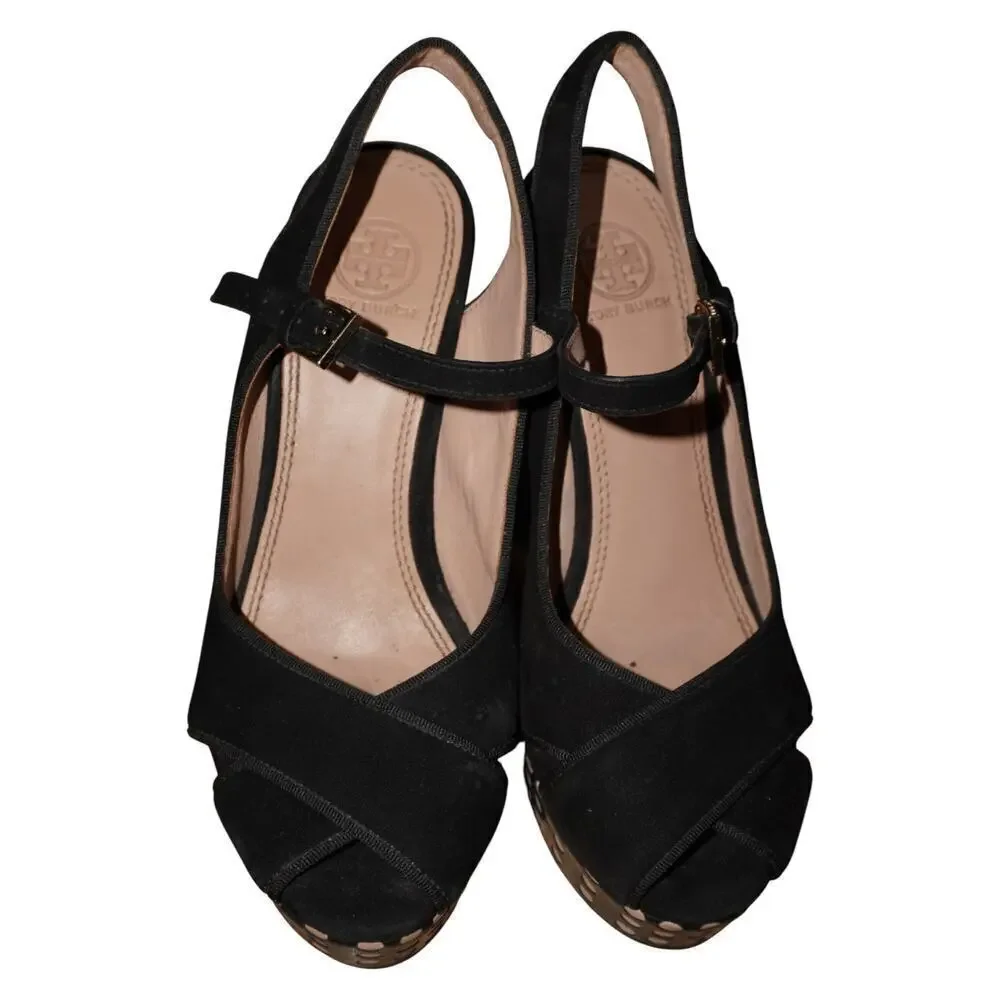 Tory Burch Ollie Black Suede Polka Dot Wedge Sandals Women’s 6.5M Made in Brazil